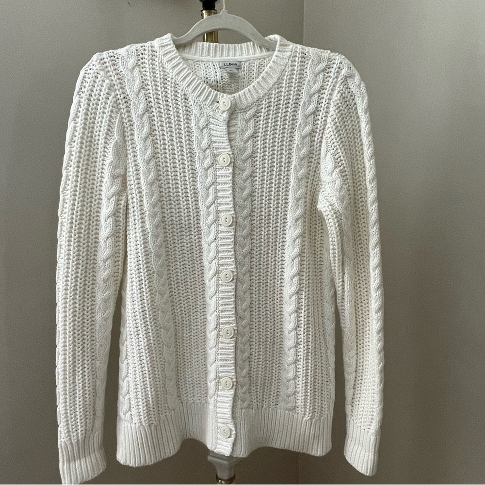 L.L. Bean 100% Cotton Shaker Cable Knit Cardigan Sweater Ivory Size Medium